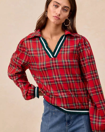 BiBi Christmas Plaid Collared Top with Ruffled Detail - Sleekdenim.com