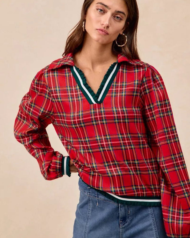 BiBi Christmas Plaid Collared Top with Ruffled Detail - Sleekdenim.com