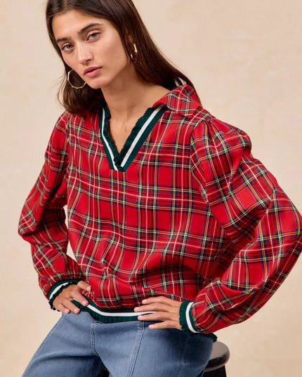 BiBi Christmas Plaid Collared Top with Ruffled Detail - Sleekdenim.com