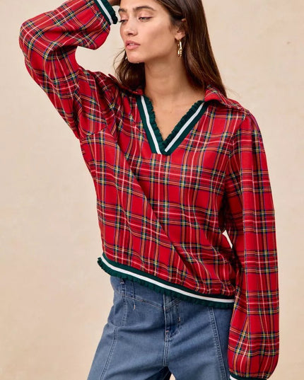 BiBi Christmas Plaid Collared Top with Ruffled Detail - Sleekdenim.com