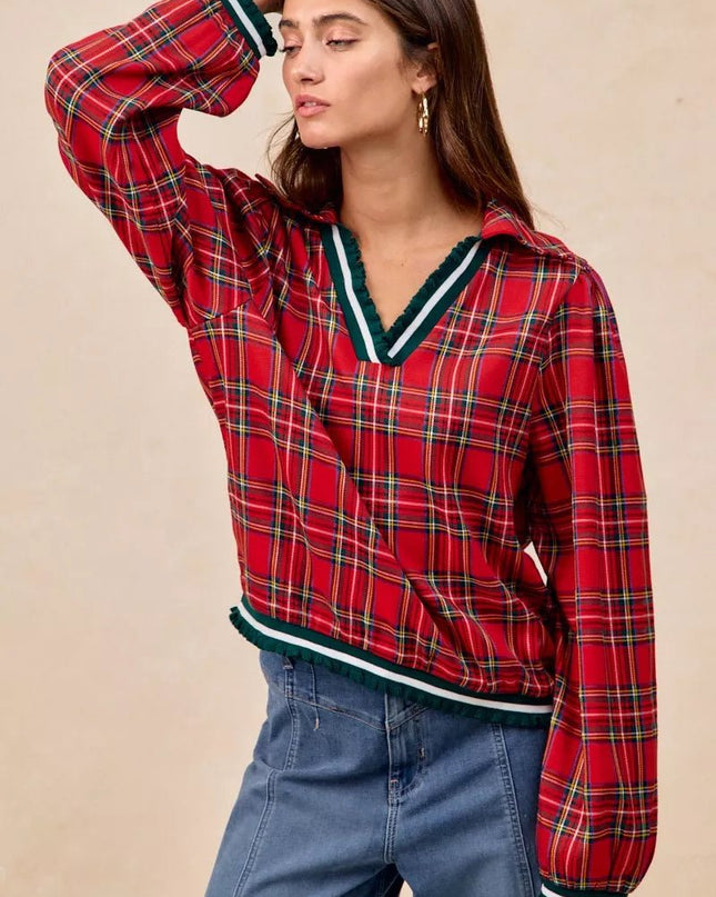 BiBi Christmas Plaid Collared Top with Ruffled Detail - Sleekdenim.com