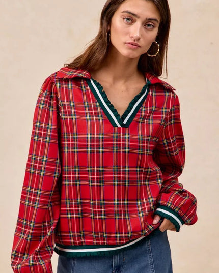 BiBi Christmas Plaid Collared Top with Ruffled Detail - Sleekdenim.com