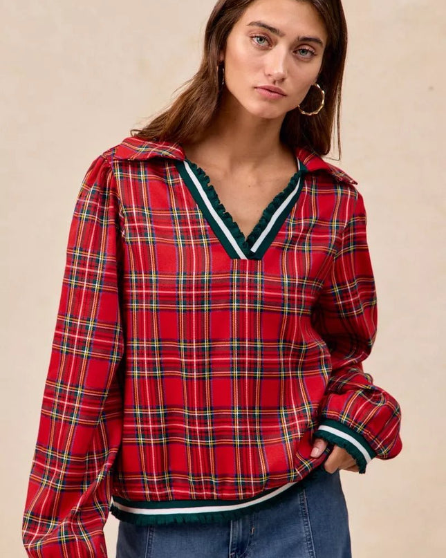 BiBi Christmas Plaid Collared Top with Ruffled Detail - Sleekdenim.com