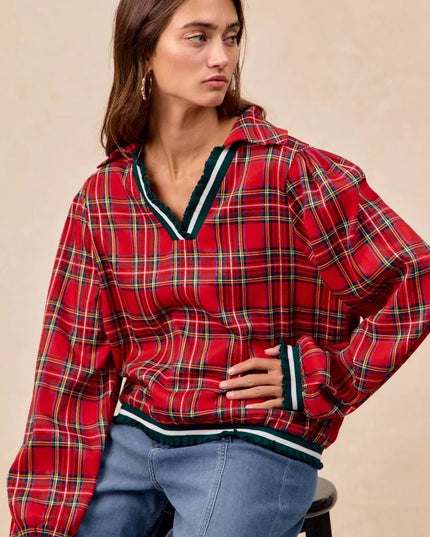 BiBi Christmas Plaid Collared Top with Ruffled Detail - Sleekdenim.com