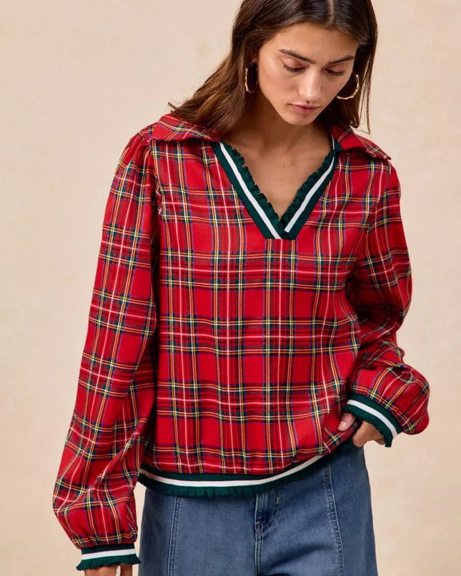 BiBi Christmas Plaid Collared Top with Ruffled Detail - Sleekdenim.com