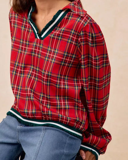 BiBi Christmas Plaid Collared Top with Ruffled Detail - Sleekdenim.com