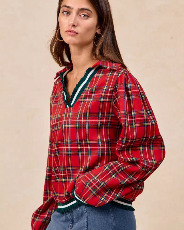 BiBi Christmas Plaid Collared Top with Ruffled Detail - Sleekdenim.com