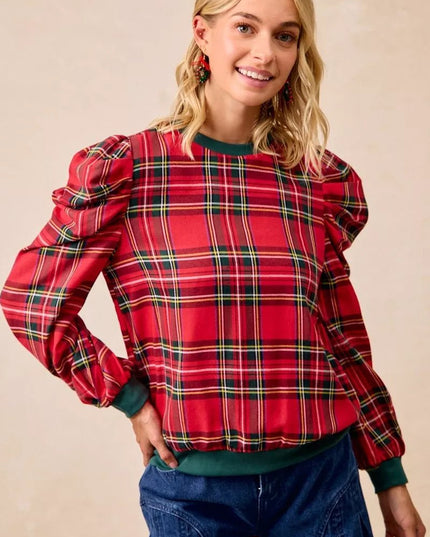 BiBi Christmas Plaid Exaggerated Shoulder Sleeves Top - Sleekdenim.com