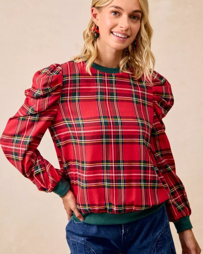 BiBi Christmas Plaid Exaggerated Shoulder Sleeves Top - Sleekdenim.com
