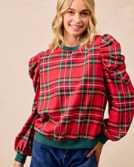BiBi Christmas Plaid Exaggerated Shoulder Sleeves Top - Sleekdenim.com