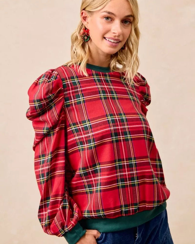 BiBi Christmas Plaid Exaggerated Shoulder Sleeves Top - Sleekdenim.com