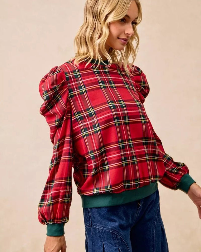 BiBi Christmas Plaid Exaggerated Shoulder Sleeves Top - Sleekdenim.com