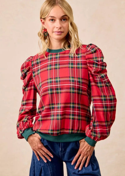 BiBi Christmas Plaid Exaggerated Shoulder Sleeves Top - Sleekdenim.com