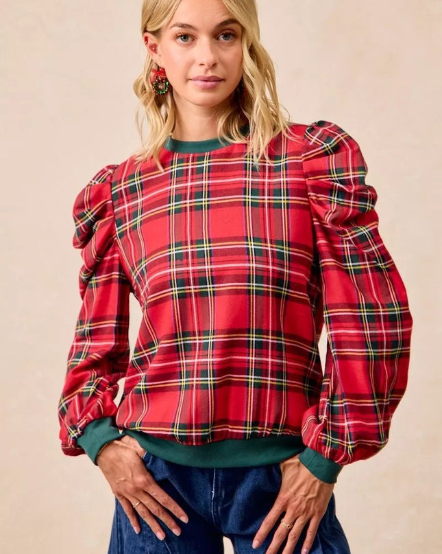 BiBi Christmas Plaid Exaggerated Shoulder Sleeves Top - Sleekdenim.com