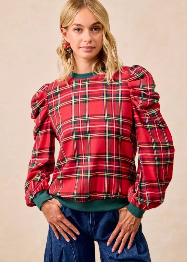 BiBi Christmas Plaid Exaggerated Shoulder Sleeves Top - Sleekdenim.com