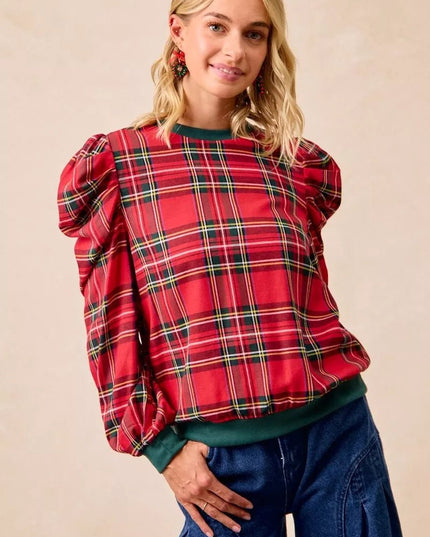 BiBi Christmas Plaid Exaggerated Shoulder Sleeves Top - Sleekdenim.com