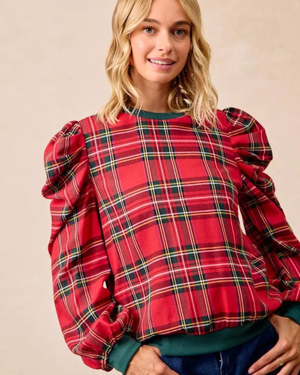 BiBi Christmas Plaid Exaggerated Shoulder Sleeves Top - Sleekdenim.com
