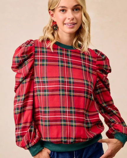 BiBi Christmas Plaid Exaggerated Shoulder Sleeves Top - Sleekdenim.com