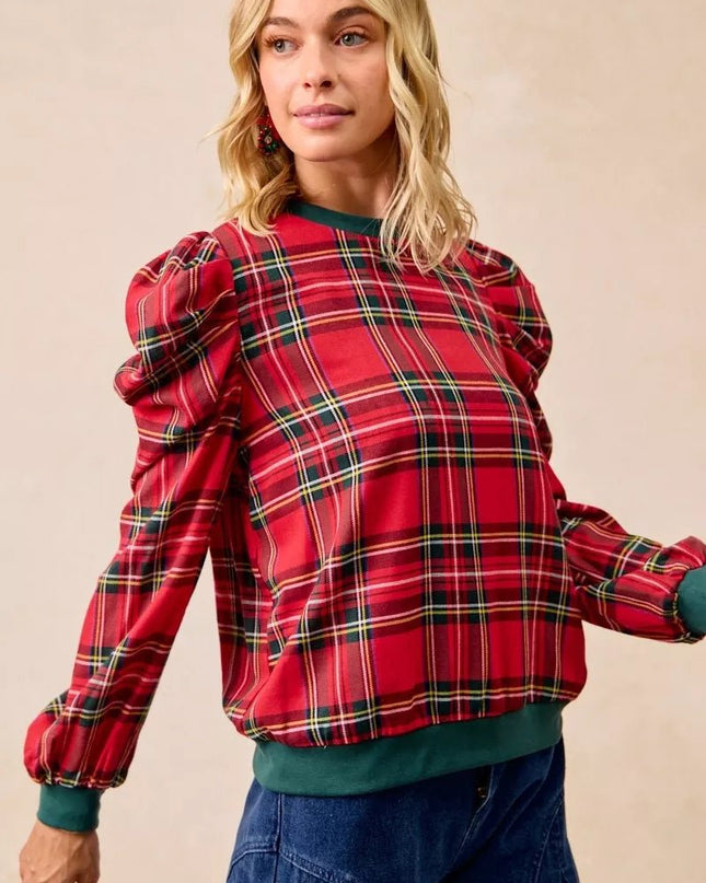 BiBi Christmas Plaid Exaggerated Shoulder Sleeves Top - Sleekdenim.com