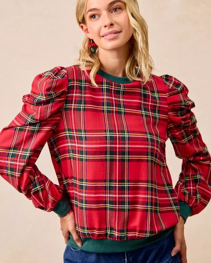 BiBi Christmas Plaid Exaggerated Shoulder Sleeves Top - Sleekdenim.com
