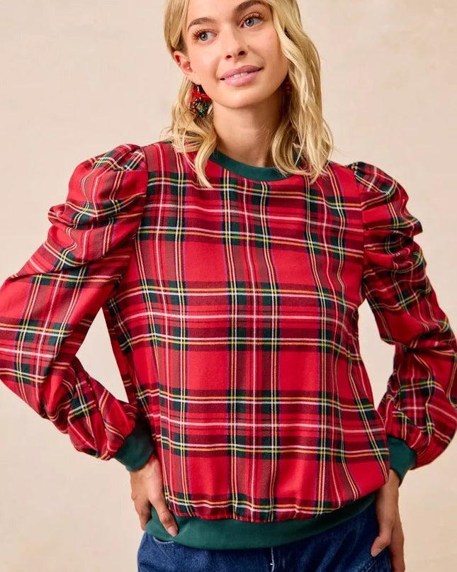 BiBi Christmas Plaid Exaggerated Shoulder Sleeves Top - Sleekdenim.com