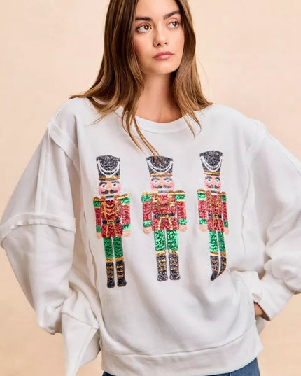 BiBi Christmas Sequin Nutcrackers Embroidery Sweatshirt - Sleekdenim.com