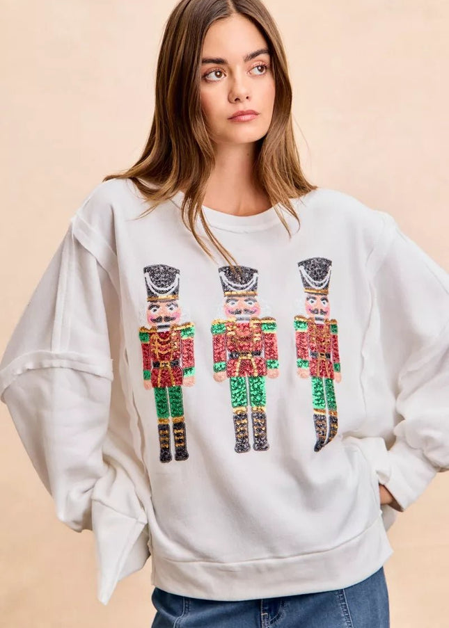 BiBi Christmas Sequin Nutcrackers Embroidery Sweatshirt - Sleekdenim.com