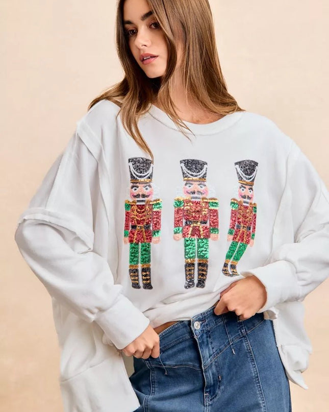BiBi Christmas Sequin Nutcrackers Embroidery Sweatshirt - Sleekdenim.com