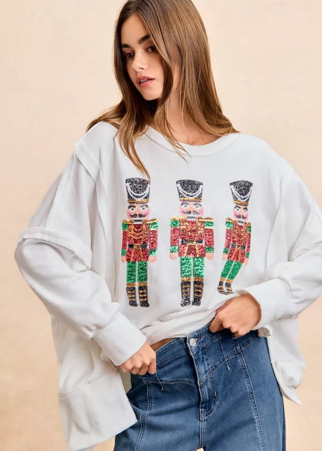 BiBi Christmas Sequin Nutcrackers Embroidery Sweatshirt - Sleekdenim.com