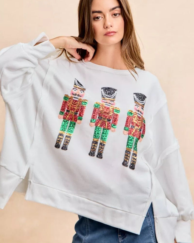 BiBi Christmas Sequin Nutcrackers Embroidery Sweatshirt - Sleekdenim.com