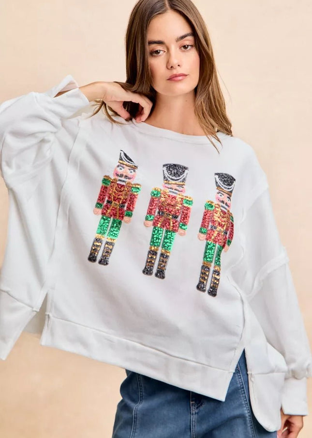 BiBi Christmas Sequin Nutcrackers Embroidery Sweatshirt - Sleekdenim.com