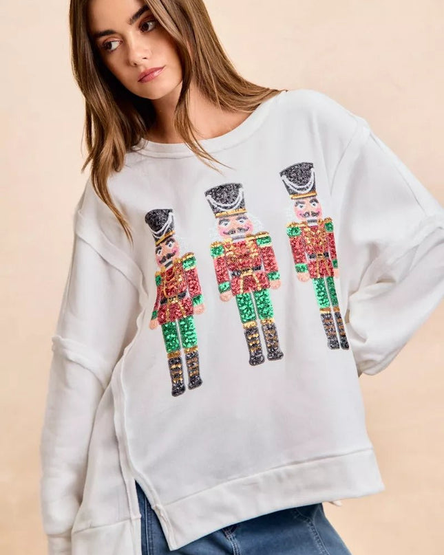 BiBi Christmas Sequin Nutcrackers Embroidery Sweatshirt - Sleekdenim.com