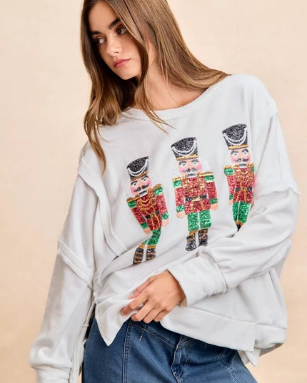 BiBi Christmas Sequin Nutcrackers Embroidery Sweatshirt - Sleekdenim.com