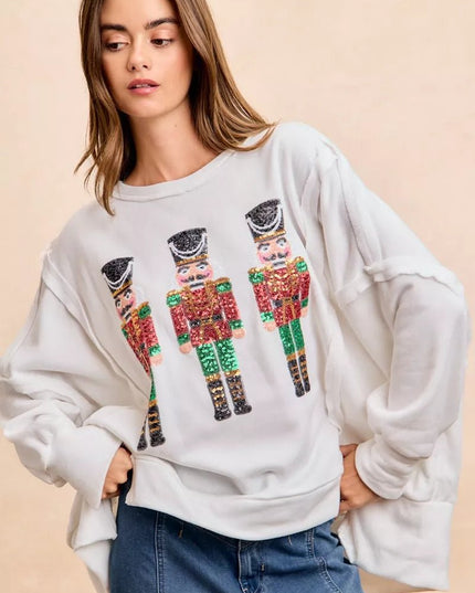 BiBi Christmas Sequin Nutcrackers Embroidery Sweatshirt - Sleekdenim.com
