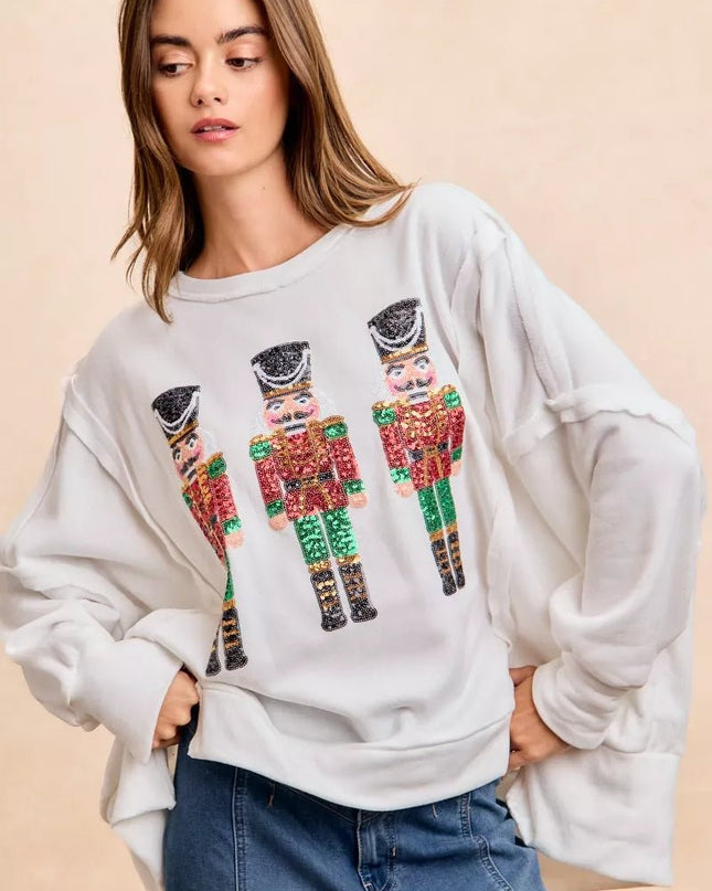 BiBi Christmas Sequin Nutcrackers Embroidery Sweatshirt - Sleekdenim.com