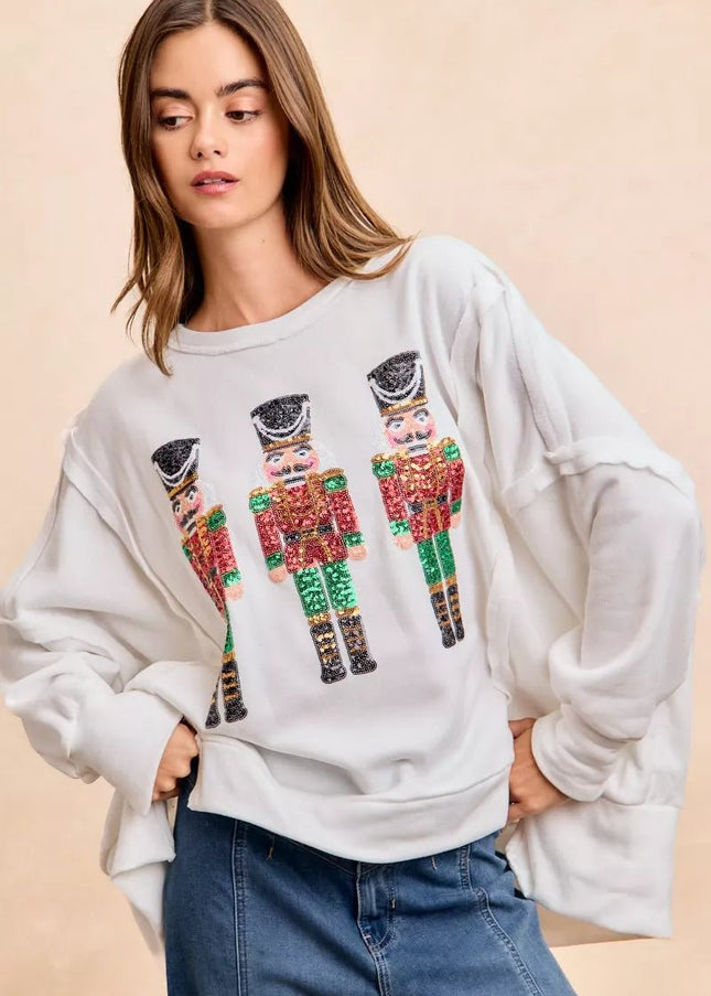 BiBi Christmas Sequin Nutcrackers Embroidery Sweatshirt - Sleekdenim.com