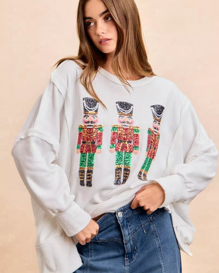 BiBi Christmas Sequin Nutcrackers Embroidery Sweatshirt - Sleekdenim.com