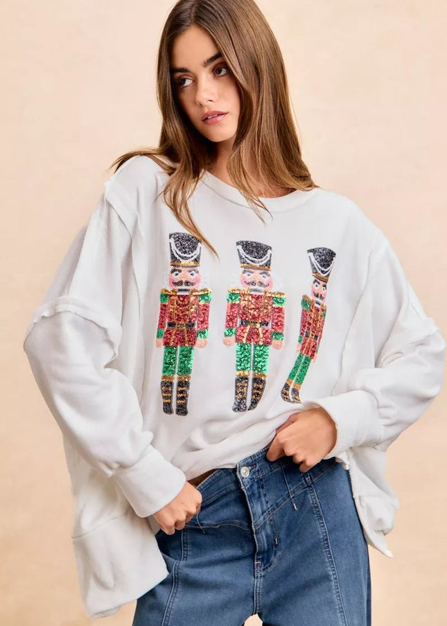 BiBi Christmas Sequin Nutcrackers Embroidery Sweatshirt - Sleekdenim.com