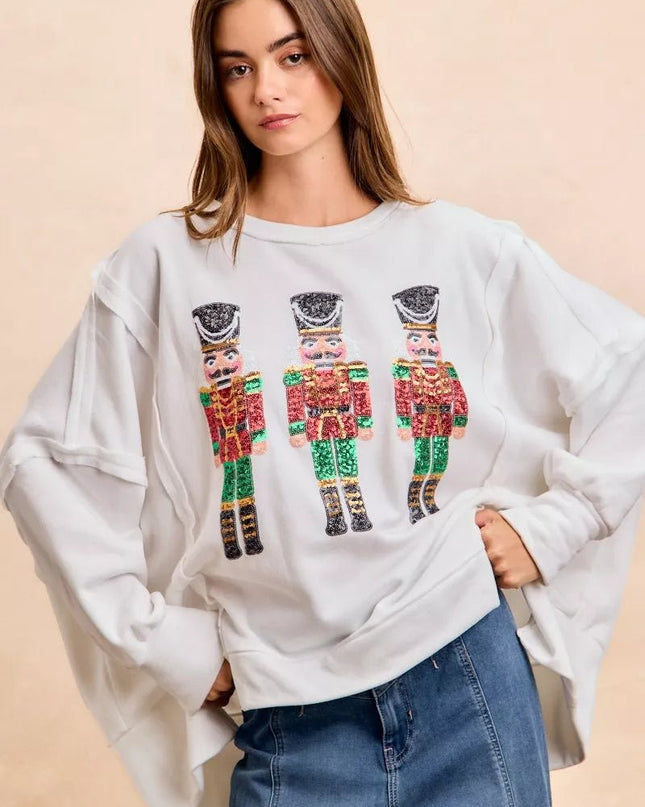 BiBi Christmas Sequin Nutcrackers Embroidery Sweatshirt - Sleekdenim.com