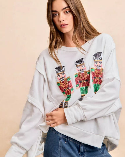 BiBi Christmas Sequin Nutcrackers Embroidery Sweatshirt - Sleekdenim.com