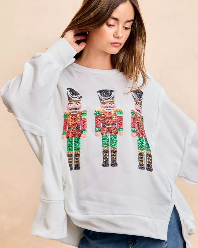 BiBi Christmas Sequin Nutcrackers Embroidery Sweatshirt - Sleekdenim.com