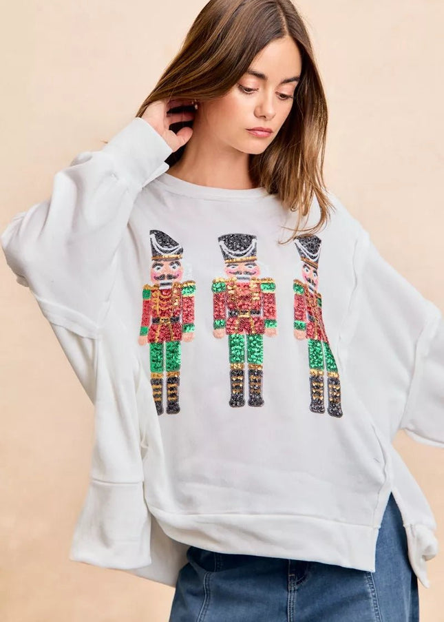 BiBi Christmas Sequin Nutcrackers Embroidery Sweatshirt - Sleekdenim.com