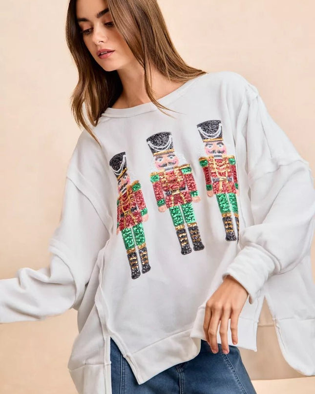 BiBi Christmas Sequin Nutcrackers Embroidery Sweatshirt - Sleekdenim.com