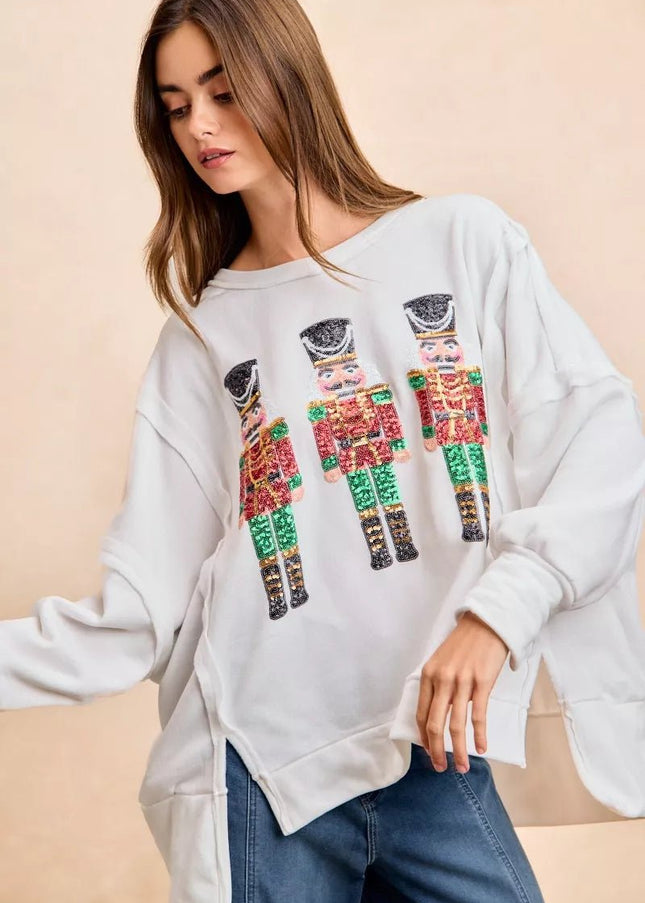 BiBi Christmas Sequin Nutcrackers Embroidery Sweatshirt - Sleekdenim.com