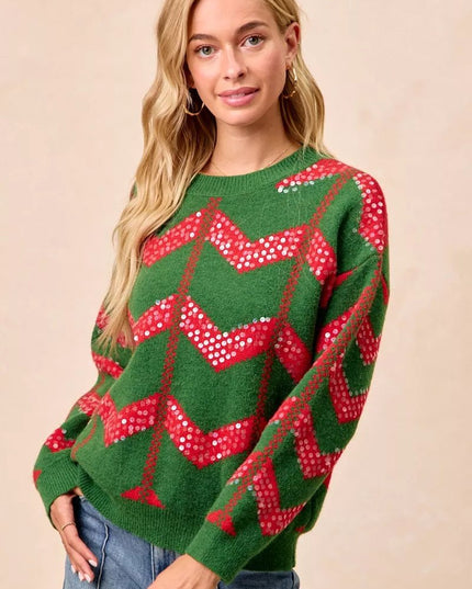 BiBi Christmas Theme Chevron Sequins Detail Sweater - Sleekdenim.com