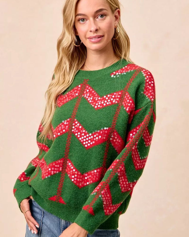 BiBi Christmas Theme Chevron Sequins Detail Sweater - Sleekdenim.com