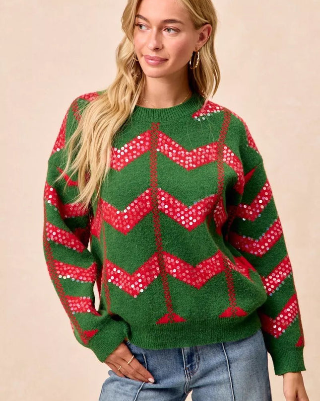BiBi Christmas Theme Chevron Sequins Detail Sweater - Sleekdenim.com
