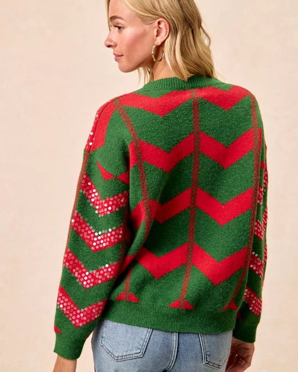 BiBi Christmas Theme Chevron Sequins Detail Sweater - Sleekdenim.com