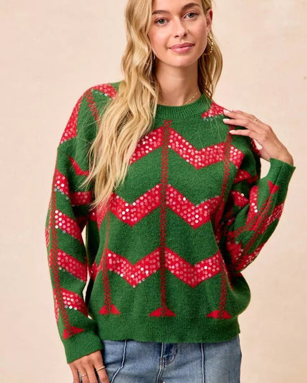 BiBi Christmas Theme Chevron Sequins Detail Sweater - Sleekdenim.com