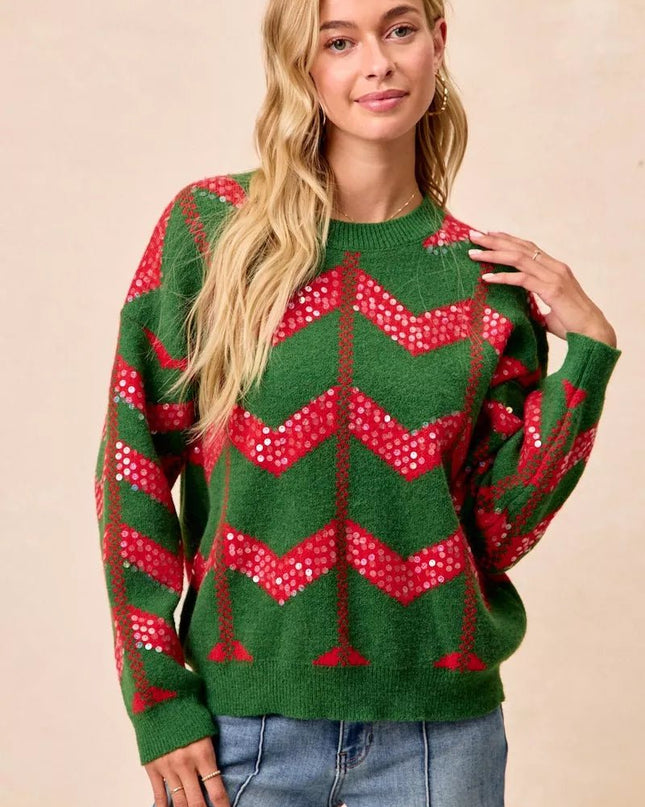 BiBi Christmas Theme Chevron Sequins Detail Sweater - Sleekdenim.com